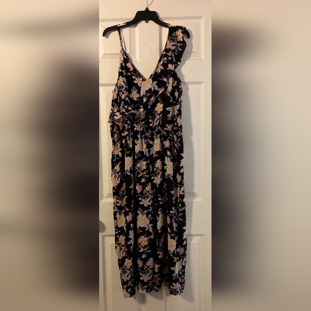 Xhilaration XL Jumpsuit Romper Black Multicolor Floral Asymmetrical Straps